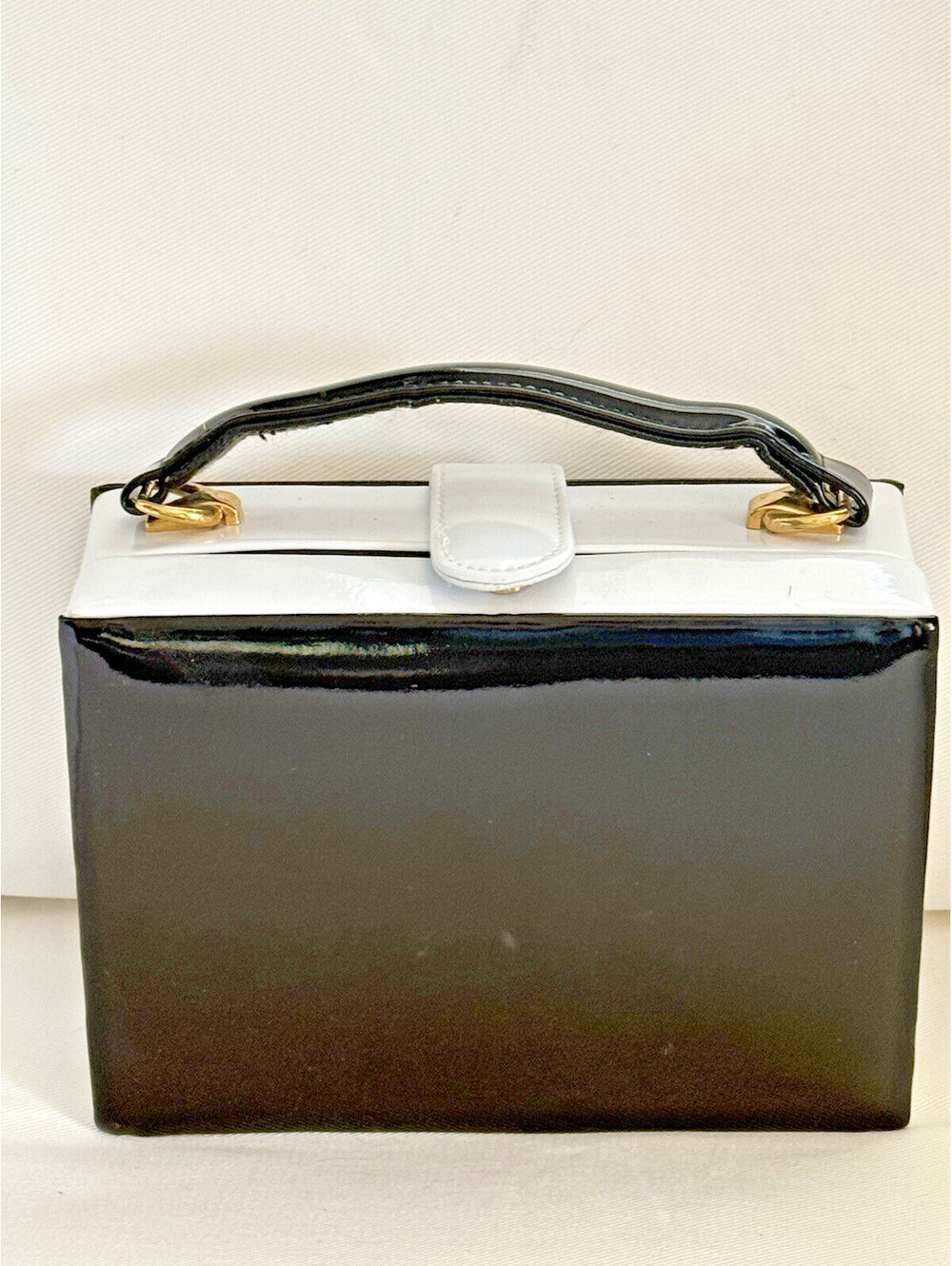 Retro Black White Patent Box Bag Top Handle Crossbody Gold Hardware